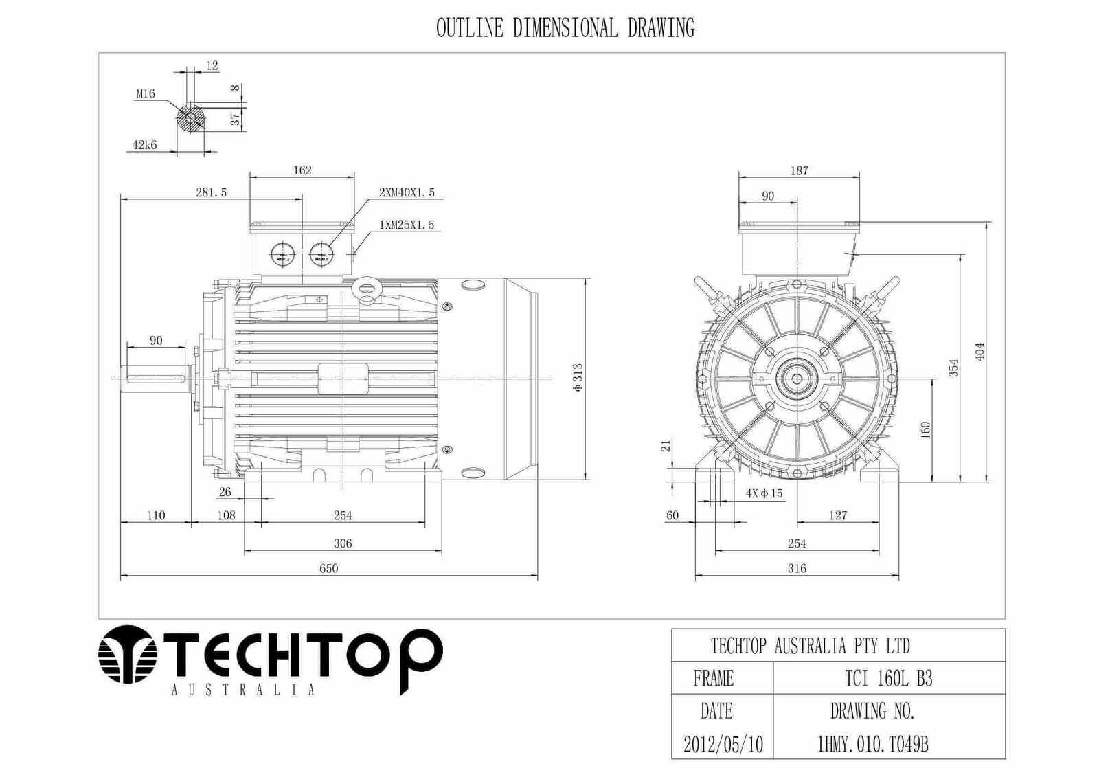 techtop 11 kw motor 415v 3 phase 2 pole, 2950 rpm, foot mount