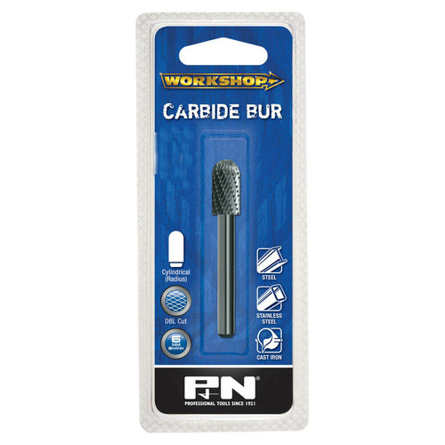 P&N 918CR06166 Carbide Burr Cylindrical Radius End 6.35 x 16 x 6mm Double Cut