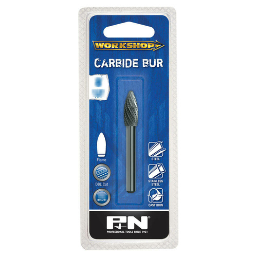 P&N 918FM0618S Carbide Burr Flame Shape 6.35 x 16 x 1/4" Double Cut