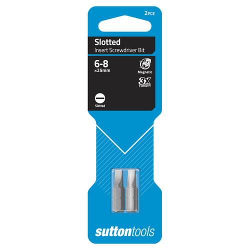 Sutton S1006825 6-8 x 25mm Slotted Screwdriver Bit Insert Carded CRV 2Pack