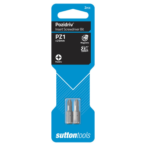 Sutton S1020125 #1 x 25mm Pozidrive Screwdriver Bit Insert Carded CRV 2Pc