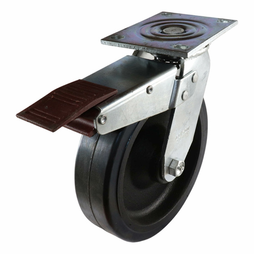200mm Swivel Plate Castor with Brake - Rubber Wheel Black TG
