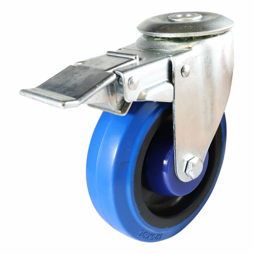 125mm Swivel Bolt Hole Castor w/ Brake - Elastic Rubber Wheel Blue I6
