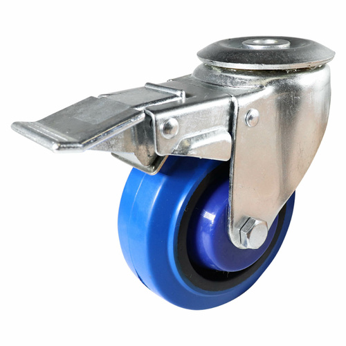 100mm Swivel Bolt Hole Castor w/ Brake - Elastic Rubber Wheel Blue I6