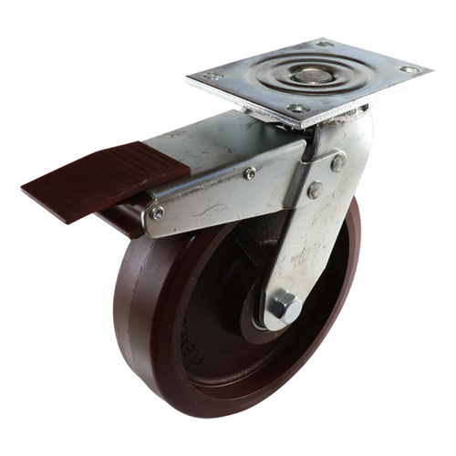 200mm Swivel Plate Castor with Brake - Urethane on Cast Iron Wheel TG