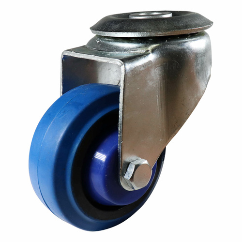 75mm Swivel Bolt Hole Castor - Elastic Rubber Wheel Blue I6