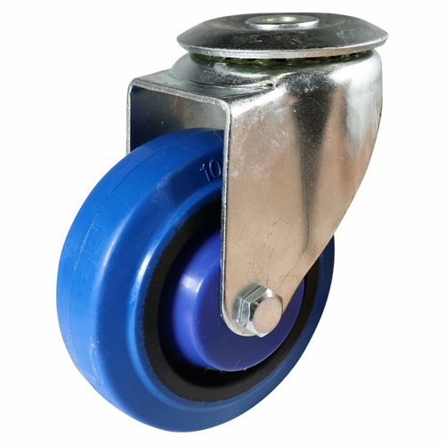 100mm Swivel Bolt Hole Castor - Elastic Rubber Wheel Blue I6