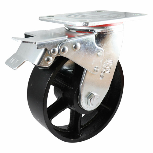 150mm Swivel Plate Castor with Brake - Cast Iron Wheel J3