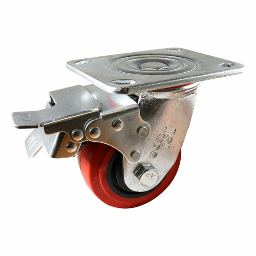 100mm Swivel Plate Castor with Brake - Urethane Wheel Red J3