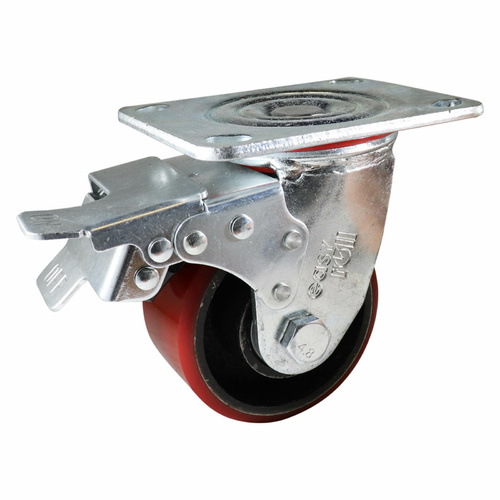 100mm Swivel Plate Castor w/ Brake Urethane on Cast Iron Wheel Red J3