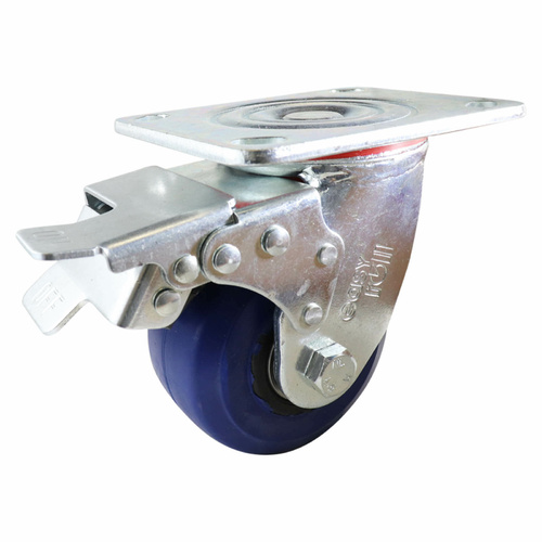 100mm Swivel Plate Castor with Brake - Rubber Wheel Blue J3