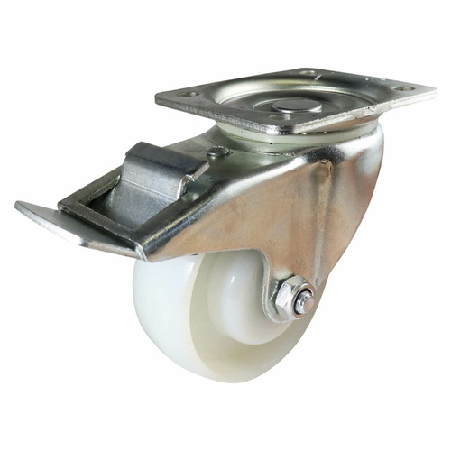 100mm Zinc-Plated Swivel Plate Castor w/ Brake - Nylon Wheel White I3