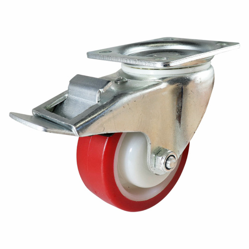 100mm Swivel Plate Castor with Brake - Urethane Wheel Red I3