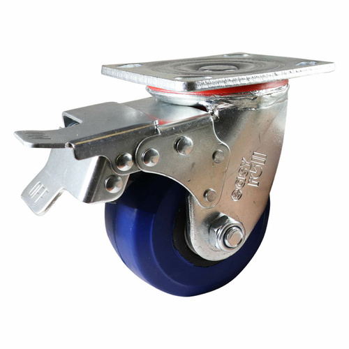 100mm Swivel Plate Castor with Brake - Rubber Wheel Blue J2