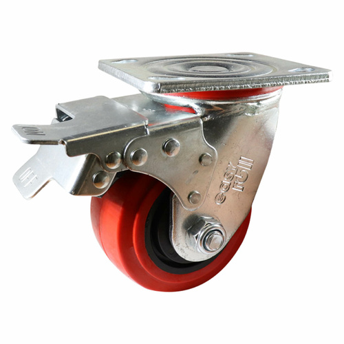 100mm Swivel Plate Castor with Brake - Urethane Wheel Red J2
