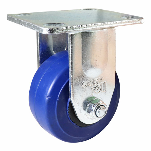 100mm Fixed Plate Castor - Rubber Wheel Blue J2