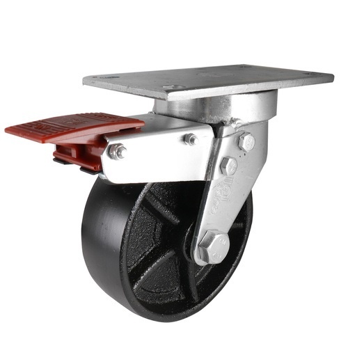 150mm Swivel Plate Castor with Brake - Cast Iron Wheel Black J7