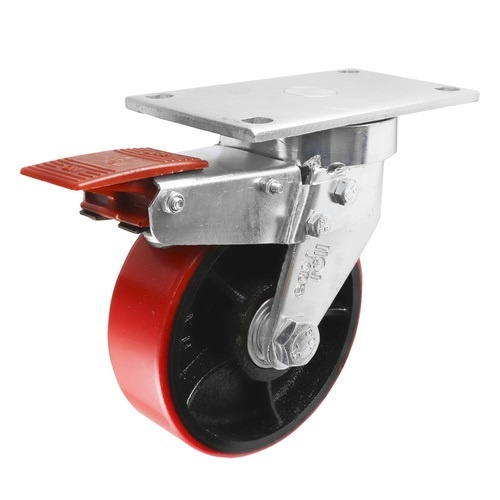 150mm Swivel Plate Castor w/ Brake Urethane on Cast Iron Wheel Red J7