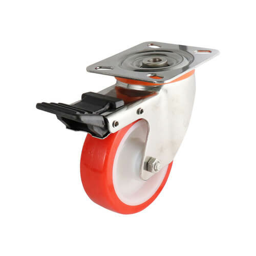 100mm Swivel Plate Castor with Brake - Urethane Wheel Red S5