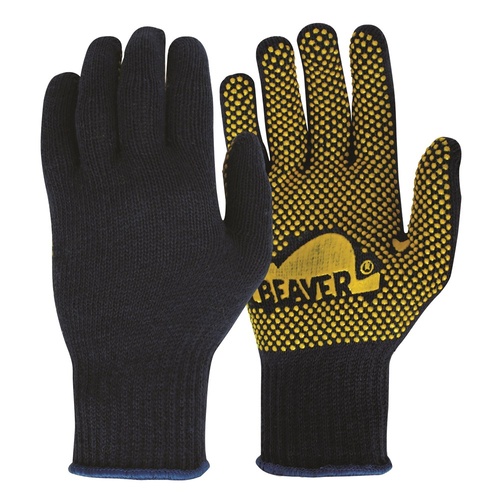 Frontier Knitted Polycotton Polka Dot Gloves, Navy Blue/Yellow, Large - Pack of 12