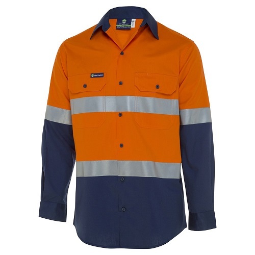 WS Workwear Mens Hi-Vis Button-Up Shirt, AdjCuffs Orange/Navy - Small
