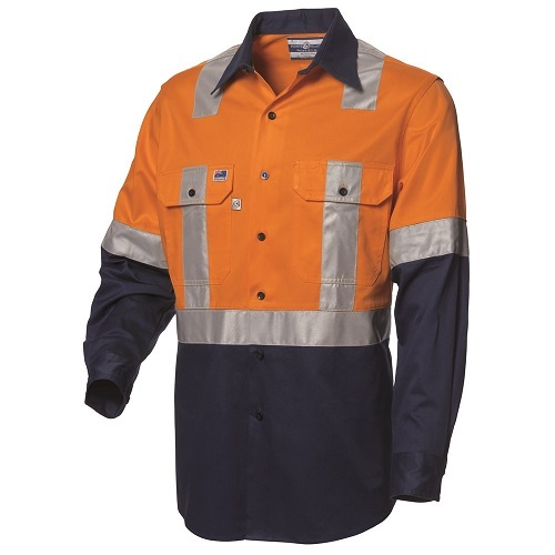 WS Workwear Koolflow Mens Hi-Vis Button-Up Shirt W/ H-Reflective Tape, Orange/Navy - L