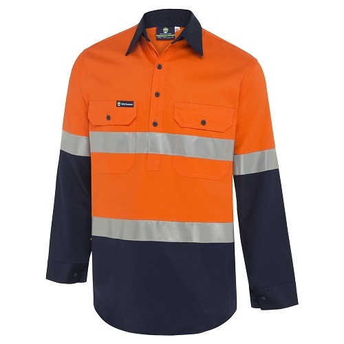 WS Workwear Mens Hi-Vis Half-Button-Up Shirt Orange/Navy Small