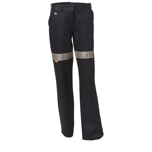 WS Workwear Womens Drill Trousers W/ Reflective Tape Navy, Size 8