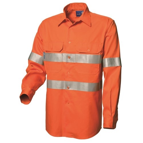 WS Workwear Mens Hi-Vis Button-Up Shirt W/ Reflective Tape Orange, Small