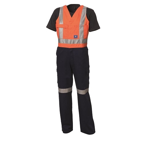 Mens Action-Back Drill Overall W/ Reflective Tape Orange/Navy, 79 Long