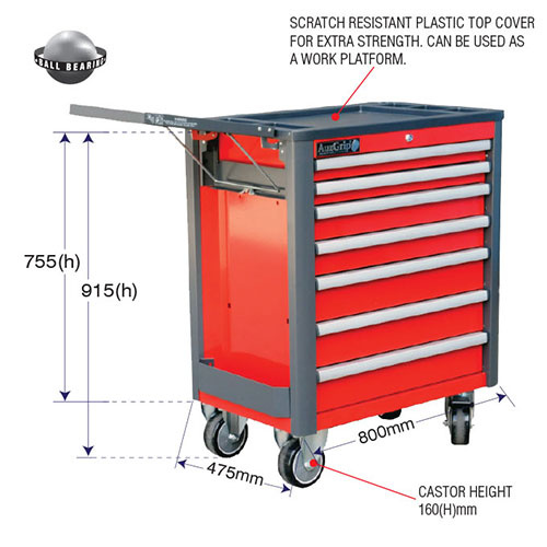 AuzGrip® 7 Deluxe Drawer Roller Cabinet Red 724 x 470 x 925mm