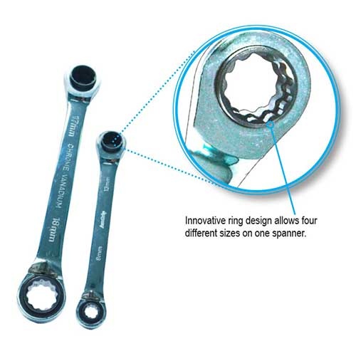 AuzGrip® 4 in 1 Reversible Ratchet Spanner Metric, 2 Pieces