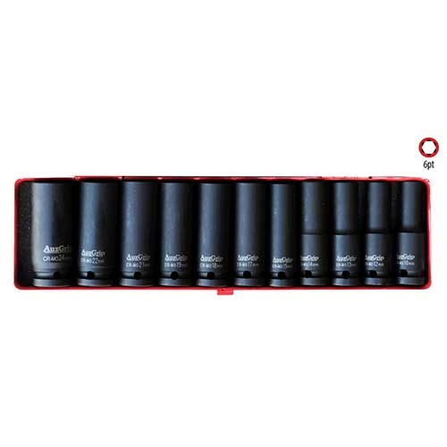 AuzGrip® 1/2'' Sq. Drive 6 Point Deep Impact Socket Metric Set, 11Pcs.