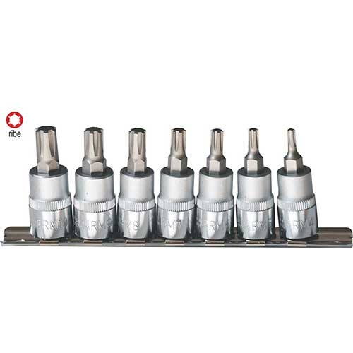 AuzGrip® 3/8" Square Drive 50mm Ribe Socket Bit Set, 7 Pieces