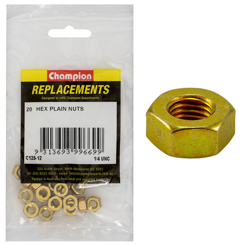 Champion C125-12 1/4" UNC Hex Plain Nut Class 5 - 20/Pack
