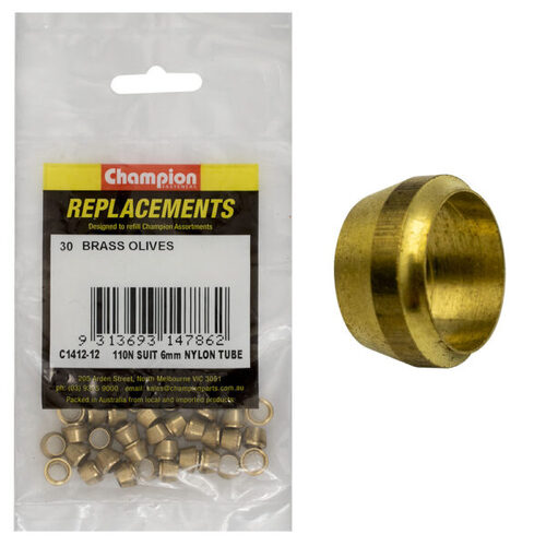 Champion C1412-12 Brass Olive 110N Suit 6mm Nylon Tube - 30/Pack