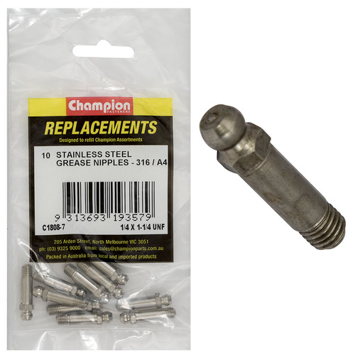 Champion C1808-7 Grease Nipple 1/4 x 1-1/4" UNF Stainless -  10/Pack