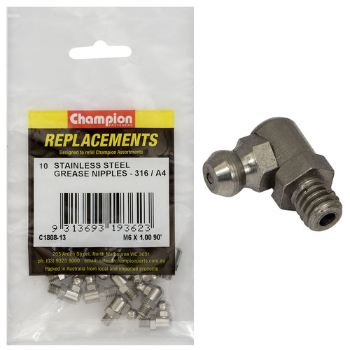 Champion C1808-13 Grease Nipple M6 x 1.00mm 90° Stainless -  10/Pack