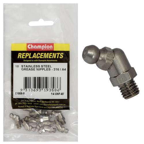 Champion C1808-8 Grease Nipple 1/4" UNF 45° Stainless -  10/Pack