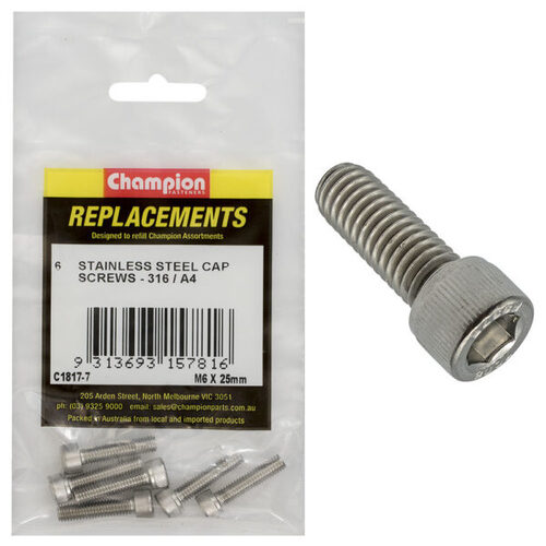 Champion C1817-7 M6 x 25mm Socket Head Cap Screw (316) - 6/Pack