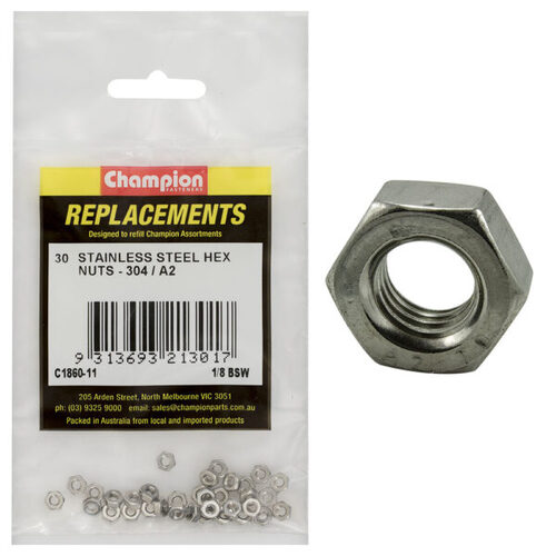 Champion C1860-11 Stainless Steel Hex Nut 1/8" - 30/Pack