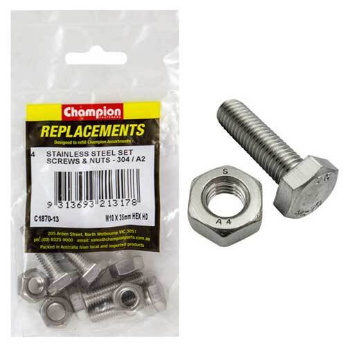 Champion C1870-13 Hex Set Screw M10 x 35mm & Nut Stainless Steel - 4/Pack
