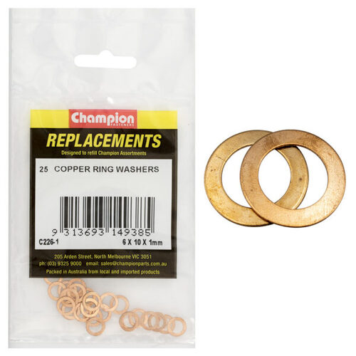 Champion C226-1 Copper Ring Washer 6 x 10 x 1mm -  25/Pack