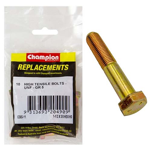 Champion C365-8 5/16 x 1-1/2" UNF High Tensile Bolt -  10/Pack