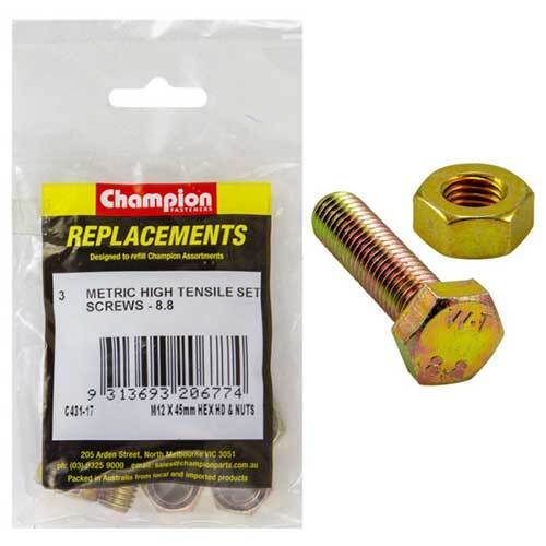Champion C431-17 Hex Set Screw Metric and Nut M12 x 45mm -  3/Pack