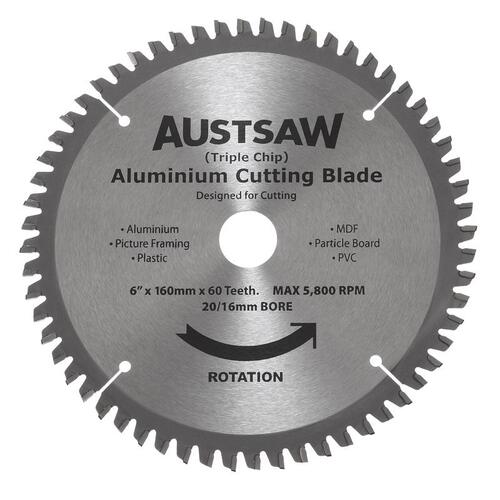 Austsaw 160mm (6 1/4") Aluminium Blade Triple Chip 20mm Bore 60 Teeth