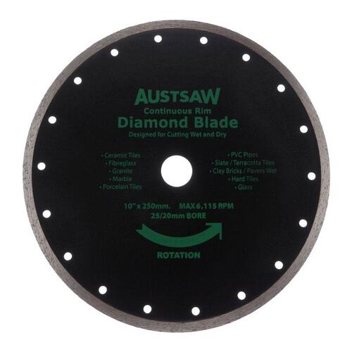 Austsaw 250mm(10") Diamond Blade Continuous Rim - 25/20mm Bore