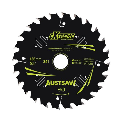 Austsaw 136mm Extreme Wood with Nail Blade 20/16mm Bore 24 Teeth