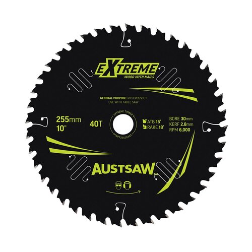 Austsaw 255mm Extreme Wood W/ Nail Blade 30mm Bore 40 Teeth - Table Saw