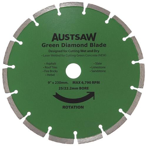 Austsaw 230mm (9") Diamond Blade Green Concrete - 25/22.2mm Bore